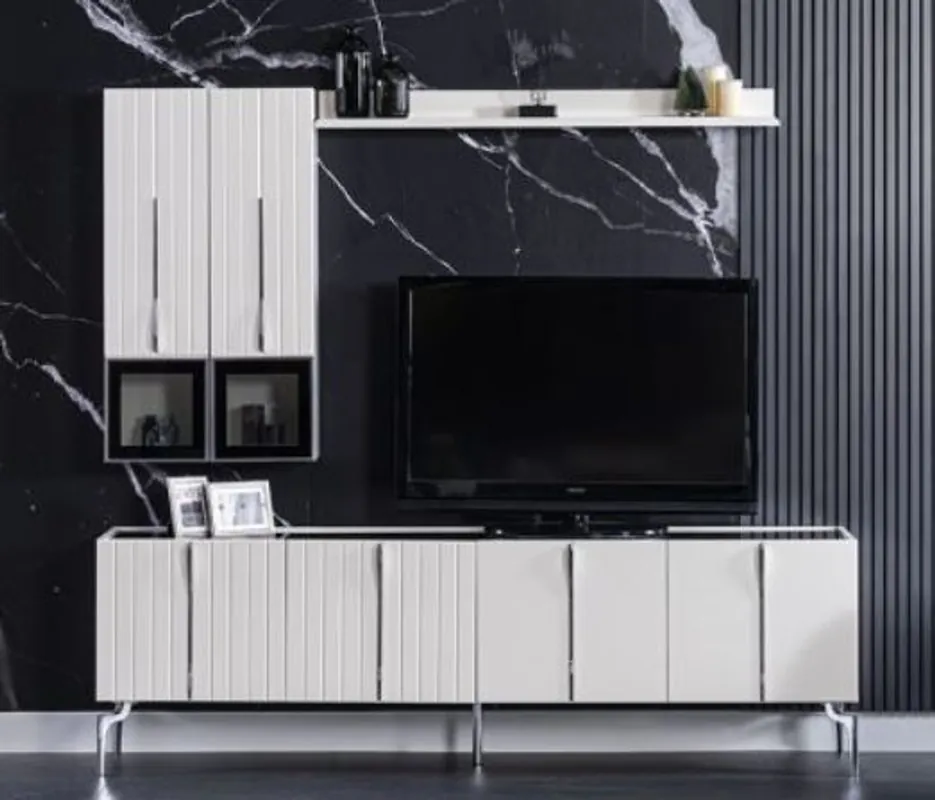 Casa Padrino armoire TV Art Déco de luxe blanc / noir / argent 208 x 44 x H. 64 cm - Meuble TV de salon noble avec 4 portes - Mobilier Art Déco Top-Preis