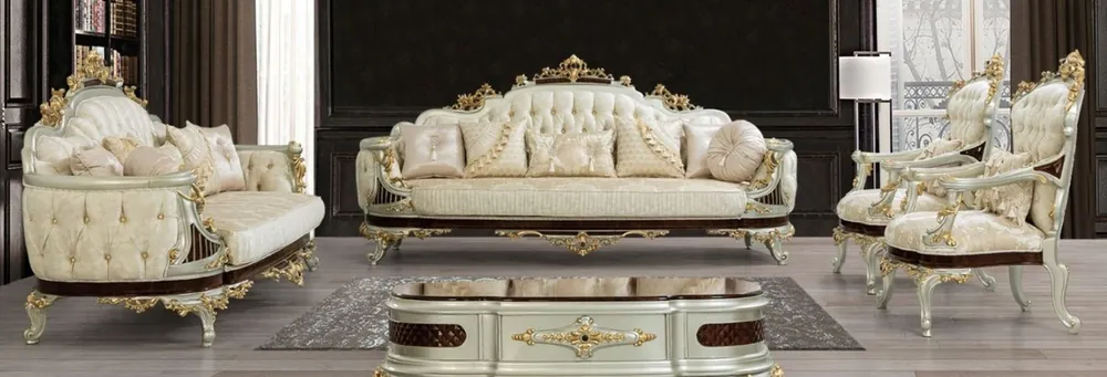 Casa Padrino ensemble de salon baroque de luxe crème / beige / marron foncé / argent / or - 2 Canapés et 2 Fauteuils et 1 Table Basse - Meubles de salon de style baroque - Noble et Magnifique Schneller Versand