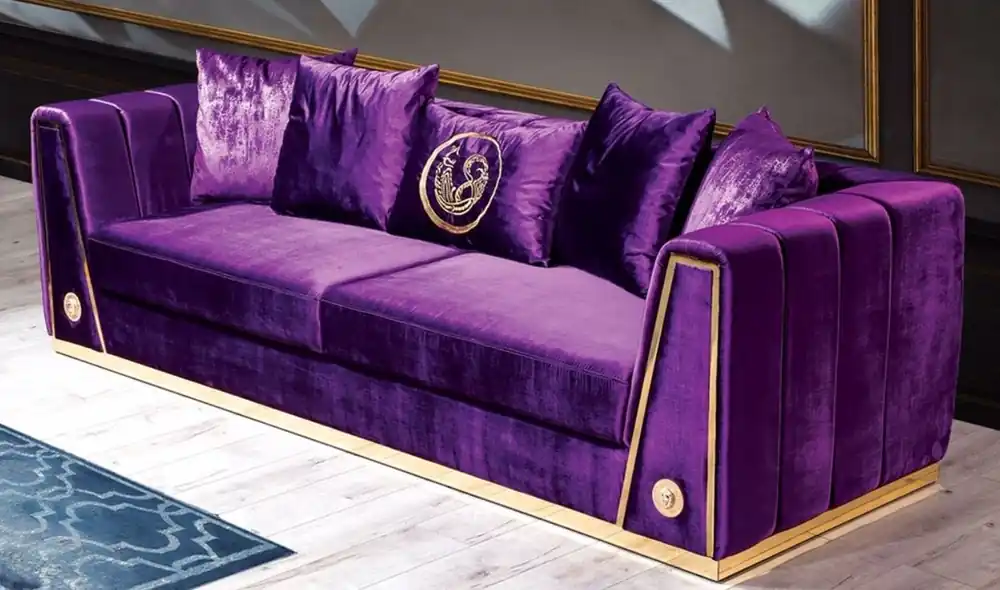 Abverkauf Casa Padrino canapé de luxe violet / or 260 x 90 x H. 76 cm - Canapé de salon noble avec coussins décoratifs - Meubles de Luxe