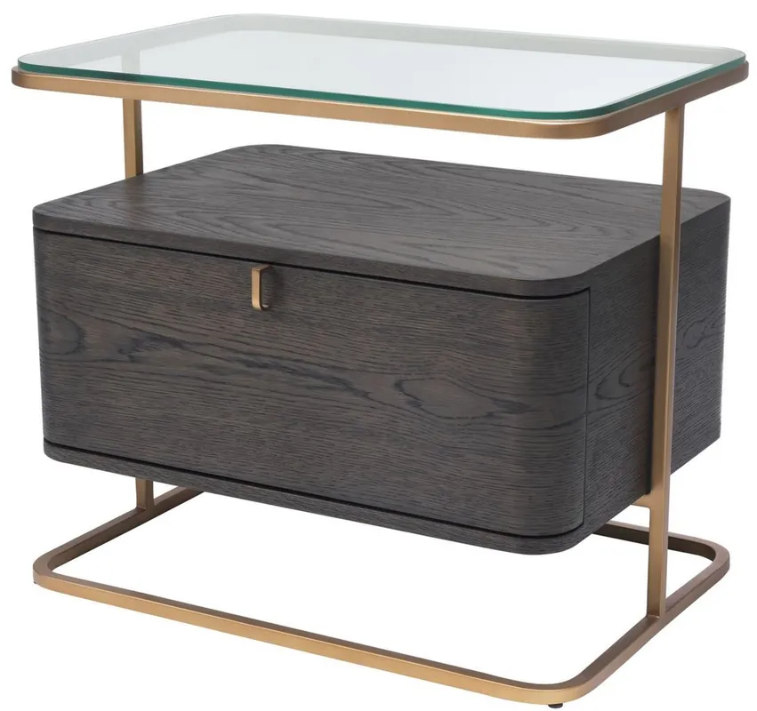 Casa Padrino table d'appoint de luxe moka / laiton 65 x 46 x H. 57 cm - Table de chevet noble avec plaque de verre et tiroir - Mobilier de Luxe Nur Heute