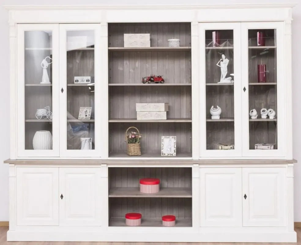 Casa Padrino armoire à livres de style campagnard blanc / gris brun 286 x 51 x H. 228 cm - Armoire en bois massif - Armoire de salon - Armoire de bureau - Meubles de style campagnard Schneller Versand