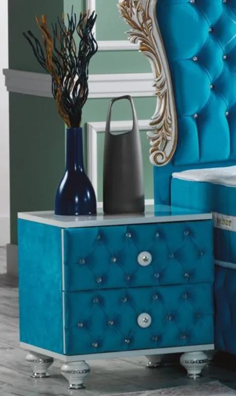 Sonderaktion Casa Padrino table de chevet baroque avec strass et 2 tiroirs turquoise / blanc / argent 50 x 50 x H. 50 cm - Table d'appoint de style baroque - Mobilier de Chambre Baroque