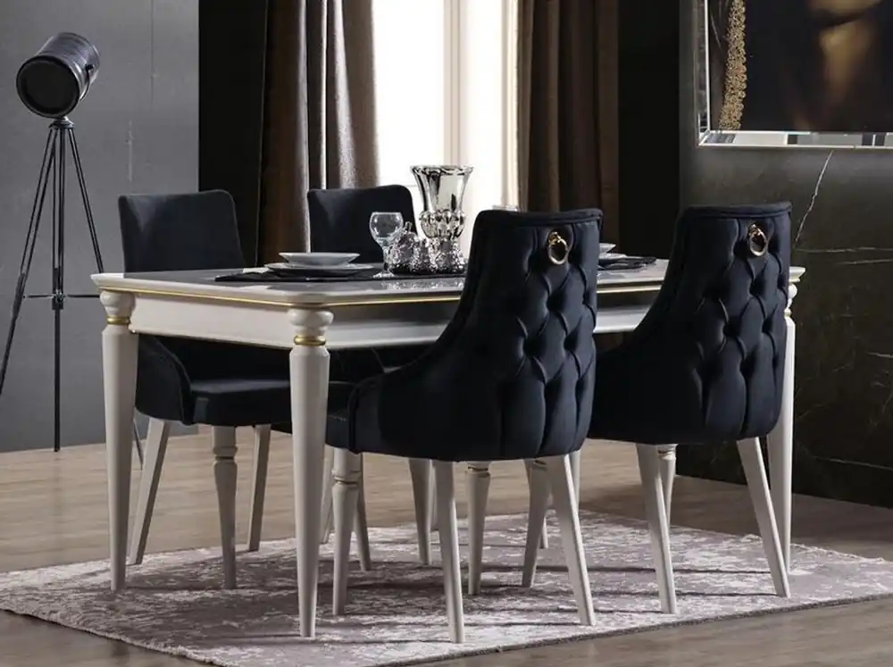 Casa Padrino ensemble de salle à manger Art Déco de luxe bleu foncé / blanc / or - 1 Table à Manger Extensible et 6 Chaises de Salle à Manger - Mobilier Art Déco - Qualité de Luxe Heißes Angebot