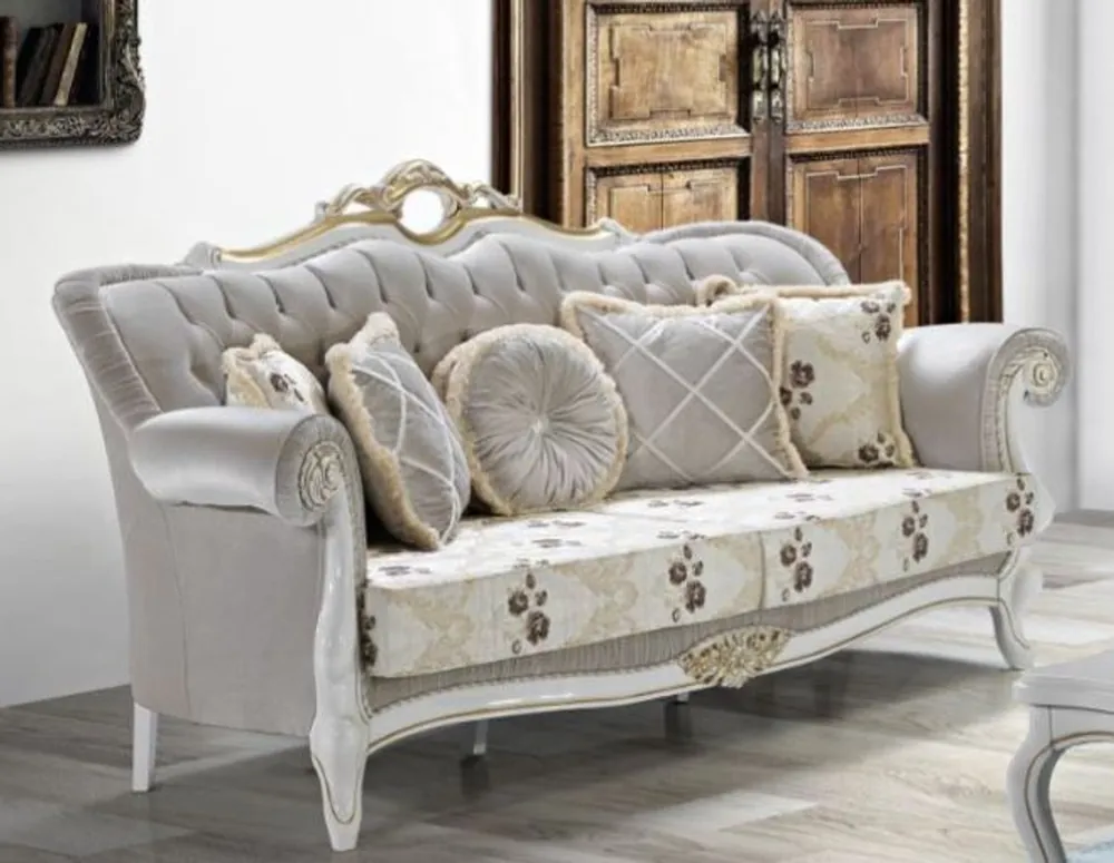 Rabatt Casa Padrino canapé de salon baroque avec strass et motif floral gris clair / crème / beige / blanc / or 215 x 80 x H. 120 cm - Mobilier Baroque