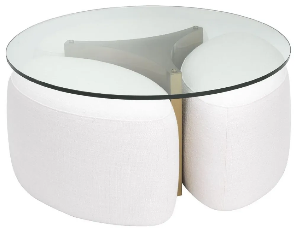 Neue Kollektion Casa Padrino table basse de luxe blanc / laiton antique Ø 104 x H. 46,5 cm - Table de salon ronde en acier inoxydable avec plateau en verre et 3 tabourets élégants - Meubles de salon - Meubles de luxe
