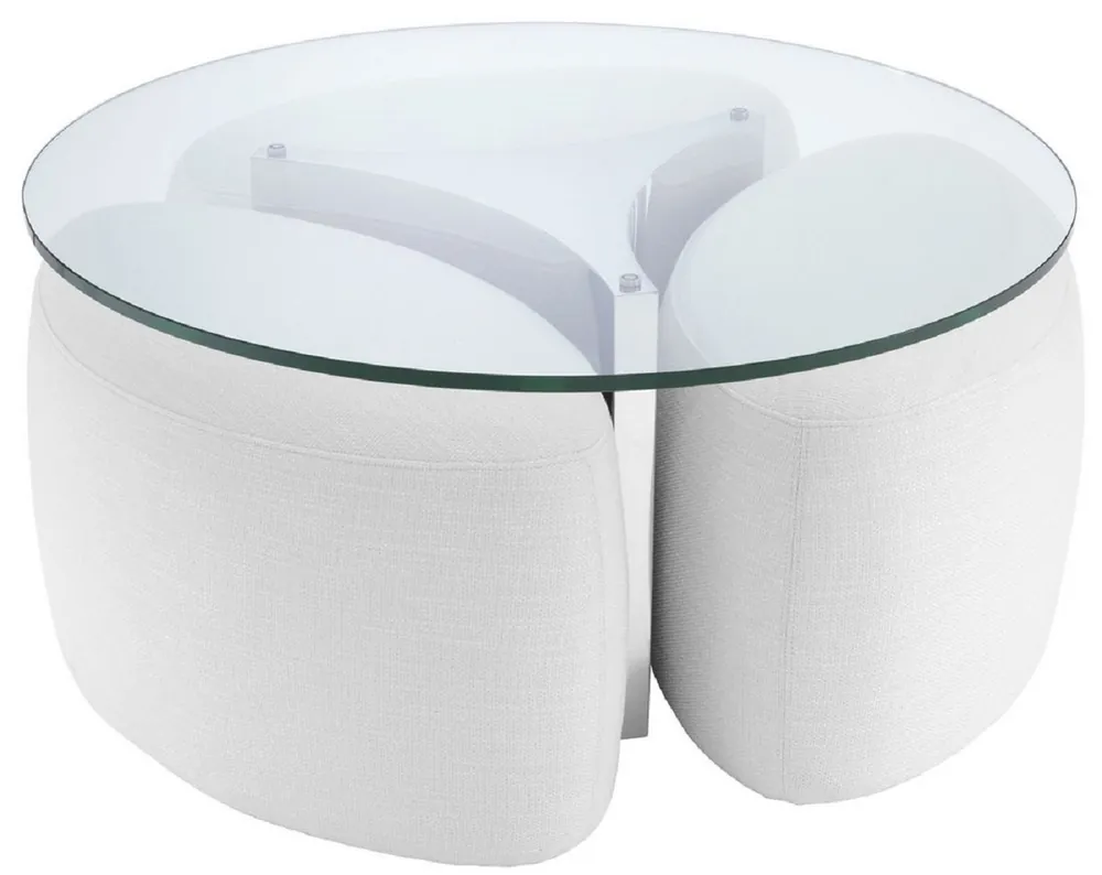 Versand Am Gleichen Tag Casa Padrino table basse de luxe blanc / argent Ø 104 x H. 46,5 cm - Table de salon ronde en acier inoxydable avec plateau en verre et 3 tabourets élégants - Meubles de salon - Meubles de luxe