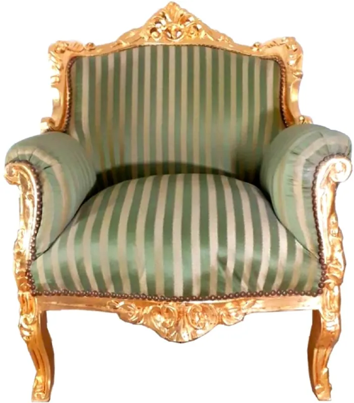 Casa Padrino fauteuil baroque Lord rayures vertes / or 77 x 63 x H. 102 cm - Fauteuil de salon fait main de style baroque - Mobilier Baroque Top-Seller