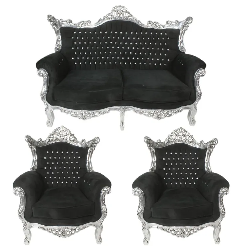 Bestpreis Casa Padrino ensemble de salon baroque noir / argent avec strass bling bling - canapé 2 places + 2 fauteuils - mobilier baroque