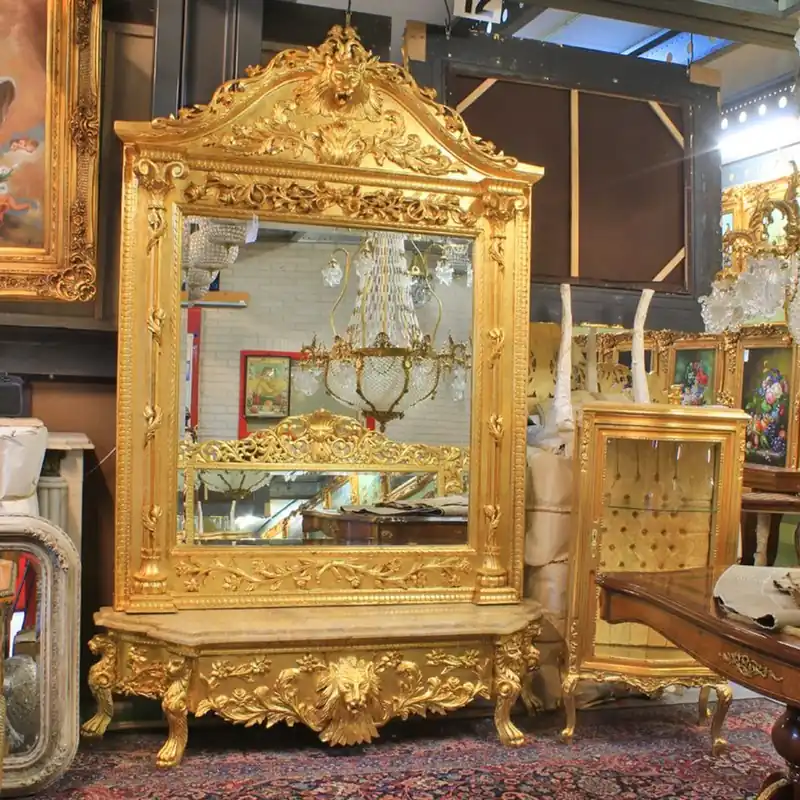 Angebot Casa Padrino Console de miroir baroque de luxe Lion d'or avec dessus en marbre - Console de meuble de salon de luxe avec tête de lion miroir