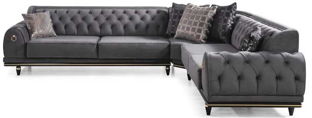 Casa Padrino canapé d'angle Art Déco Chesterfield de luxe gris / noir / or 320 x 285 x H. 82 cm - Canapé de salon noble avec coussins décoratifs - Qualité de Luxe Jetzt Bestellen