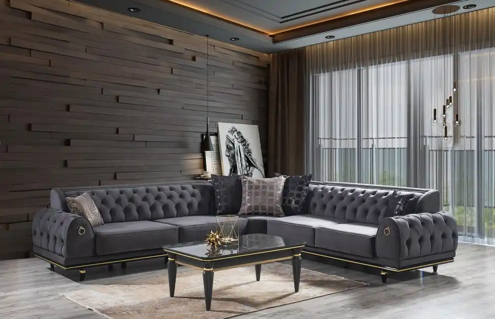 Casa Padrino ensemble de salon Art Déco Chesterfield de luxe gris / noir / or - 1 Canapé d'Angle avec Oreillers et 1 Table Basse - Meubles de Salon Nobles - Qualité de Luxe Neue Ware