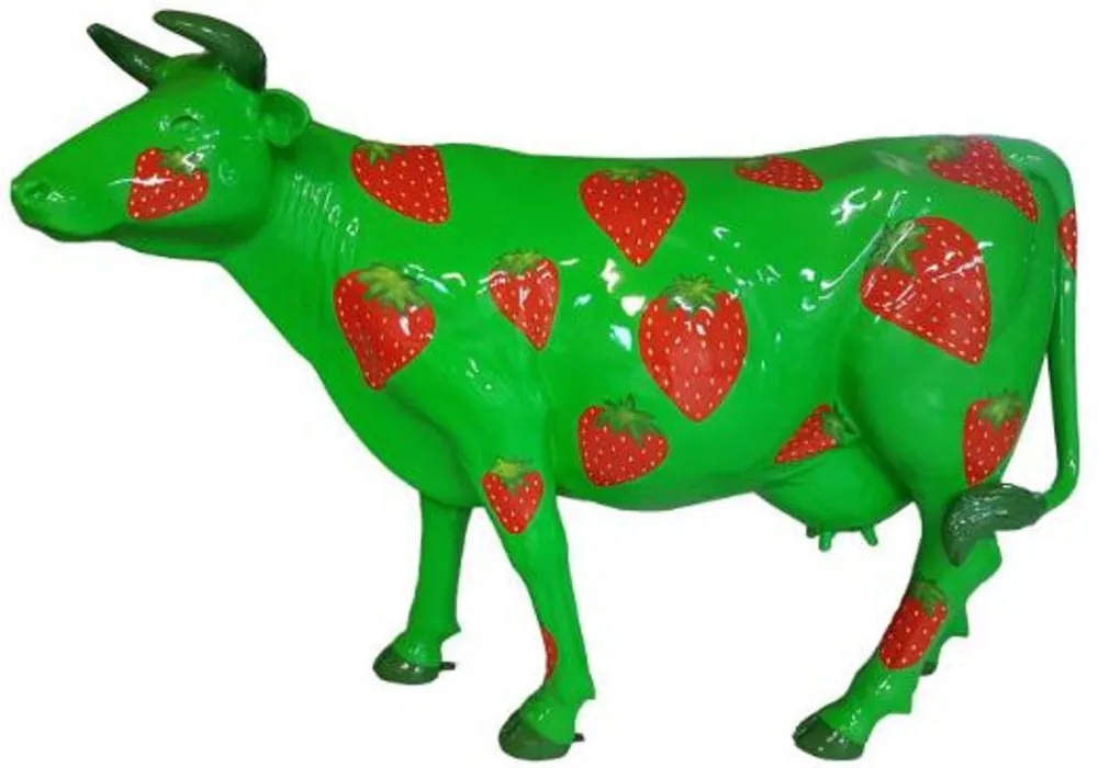 Casa Padrino sculpture design de jardin vache avec fraise design vert / rouge 210 x 55 x H. 147 cm - Énorme figurine décorative résistante aux intempéries - Figurine animalière grandeur nature Sonderaktion