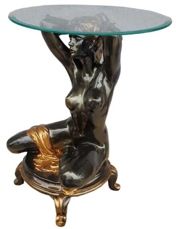 Casa Padrino table d'appoint Art Nouveau femme agenouillée noir / or Ø 45 x H. 63,5 cm - Table élégante avec plateau en verre rond - Mobilier de salon Wochenendangebot