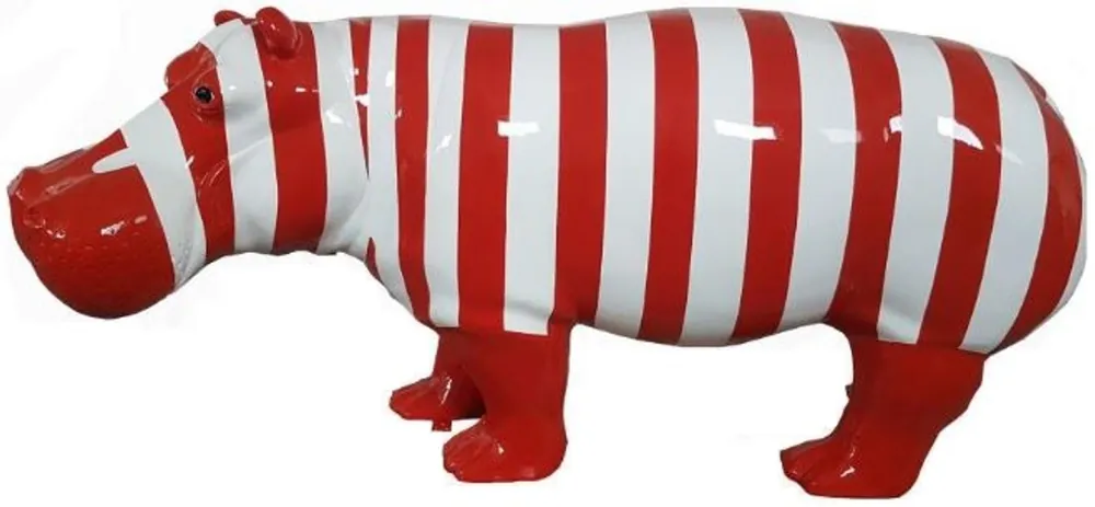 Nur Heute Casa Padrino figurine décorative design hippopotame avec rayures rouge / blanc 180 x H. 79 cm - sculpture décorative - énorme figurine de jardin - Décoration de Jardin