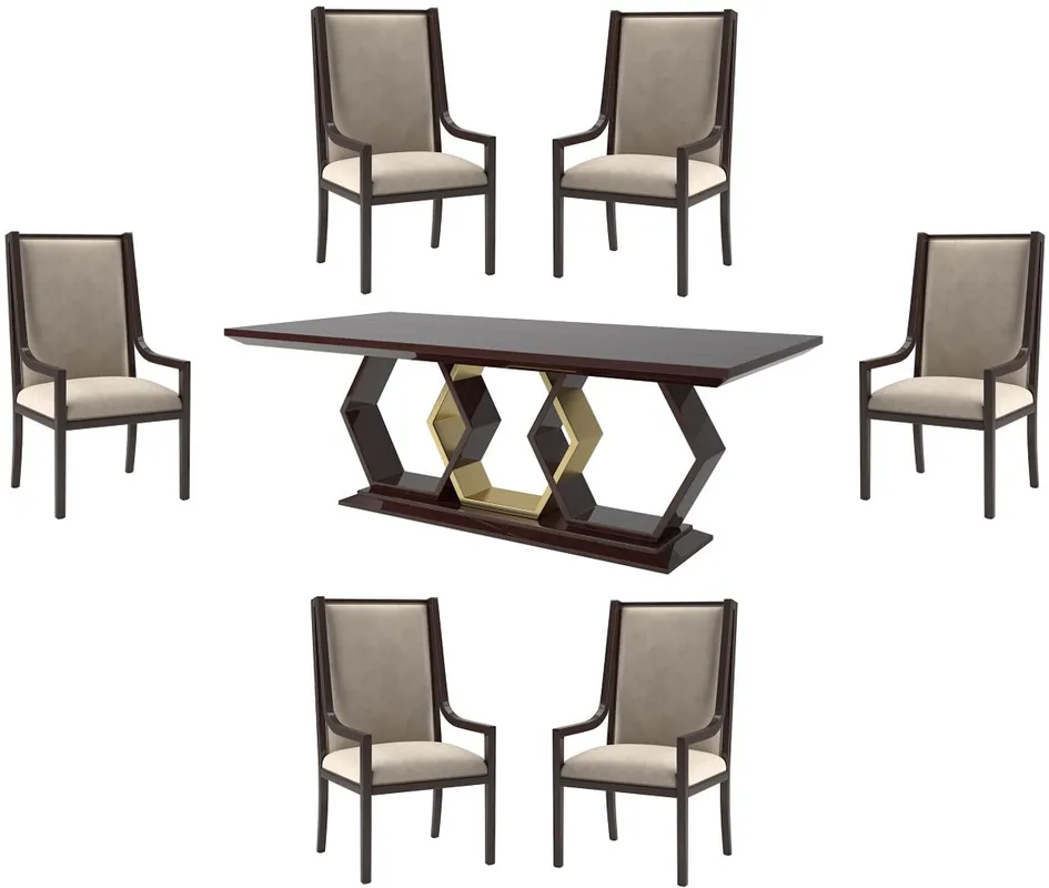 Letzte Chance Casa Padrino ensemble de salle à manger Art Déco de luxe beige / brun foncé brillant / or - 1 Table à Manger et 6 Chaises de Salle à Manger - Mobilier Art Déco - Qualité de Luxe