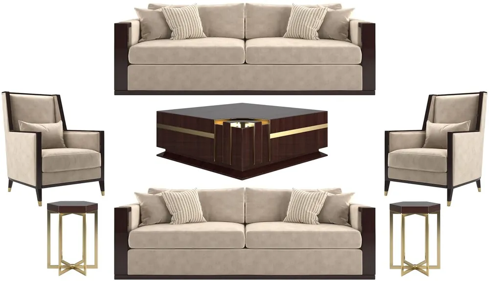 Casa Padrino ensemble de salon Art Déco de luxe beige / marron foncé brillant / or - 2 Canapés et 2 Fauteuils et 1 Table Basse et 2 Tables d'Appoint - Meubles de salon nobles - Qualité de Luxe Begrenztes Angebot