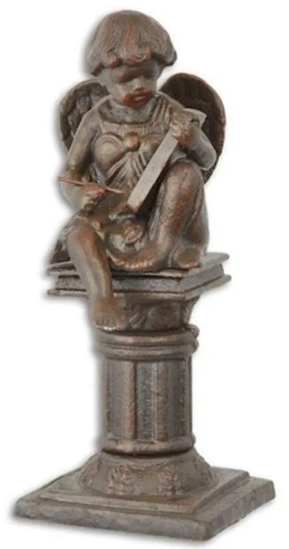 Echt Casa Padrino figure de décoration de jardin Art nouveau en fonte ange sur colonne marron 16,7 x 14,1 x H. 34,1 cm - Sculpture de décoration de jardin et terrasse - Accessoires de Décoration