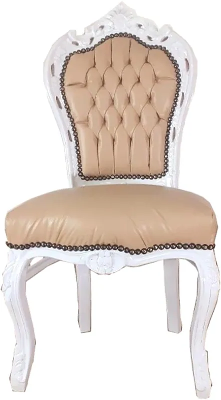 Rabatt Casa Padrino chaise de salle à manger baroque beige / blanc 53 x 57 x H. 108 cm - Chaise en bois massif de style ancien fait main avec faux cuir fin - Mobilier de salle à manger baroque