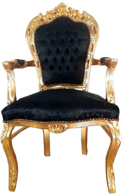 Rabatt Casa Padrino chaise de salle à manger baroque avec accoudoirs noir motif / or 53 x 57 x H. 108 cm - Chaise de style ancien fabriquée à la main avec un tissu satiné fin - Mobilier Baroque