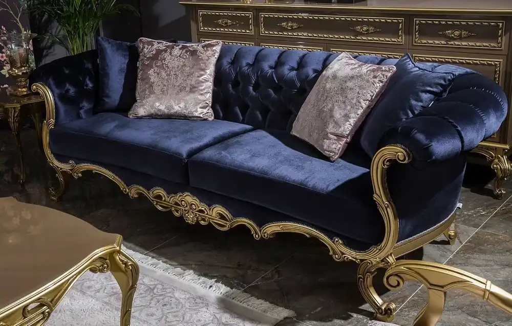 Neue Kollektion Casa Padrino canapé baroque de luxe en velours bleu royal / or 240 x 82 x H. 83 cm - Canapé de salon magnifique avec coussins décoratifs - Mobilier de salon de style baroque