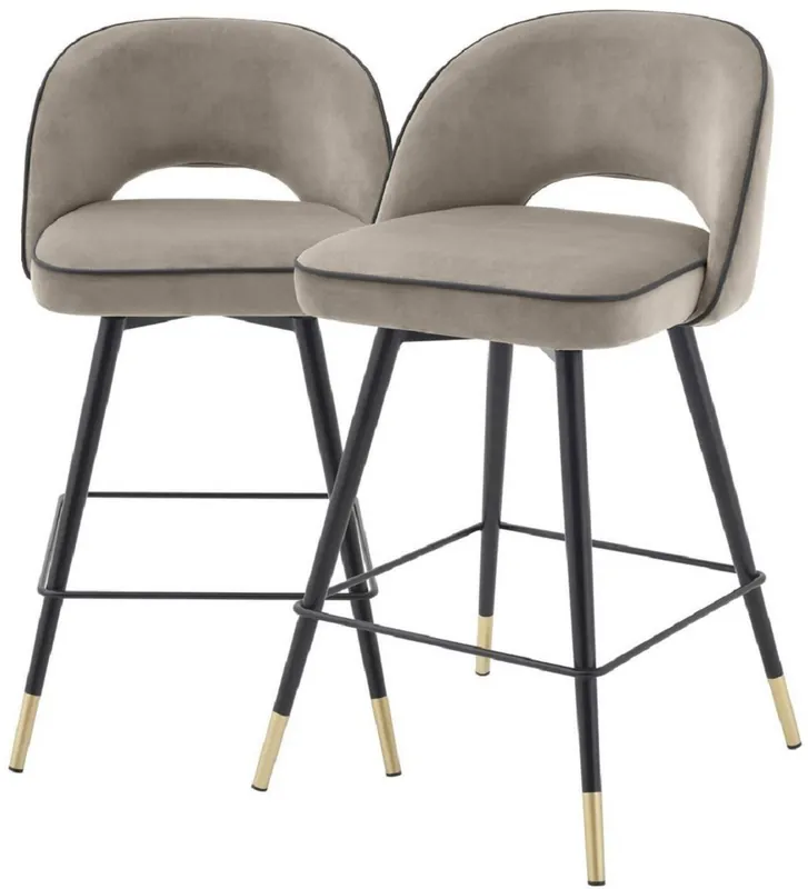 Casa Padrino ensemble de chaises de bar de luxe grège / noir / laiton 51 x 52 x H. 92,5 cm - Tabourets de bar avec assise rotative et tissu de velours noble - Mobilier de Bar de Luxe Nur Für Kurze Zeit