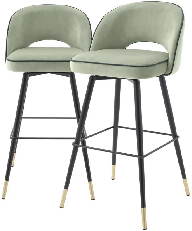 Casa Padrino ensemble de chaises de bar de luxe vert pistache / noir / laiton 51 x 52 x H. 103 cm - Tabourets de bar avec assise rotative et tissu de velours noble - Mobilier de Bar de Luxe Must-Have