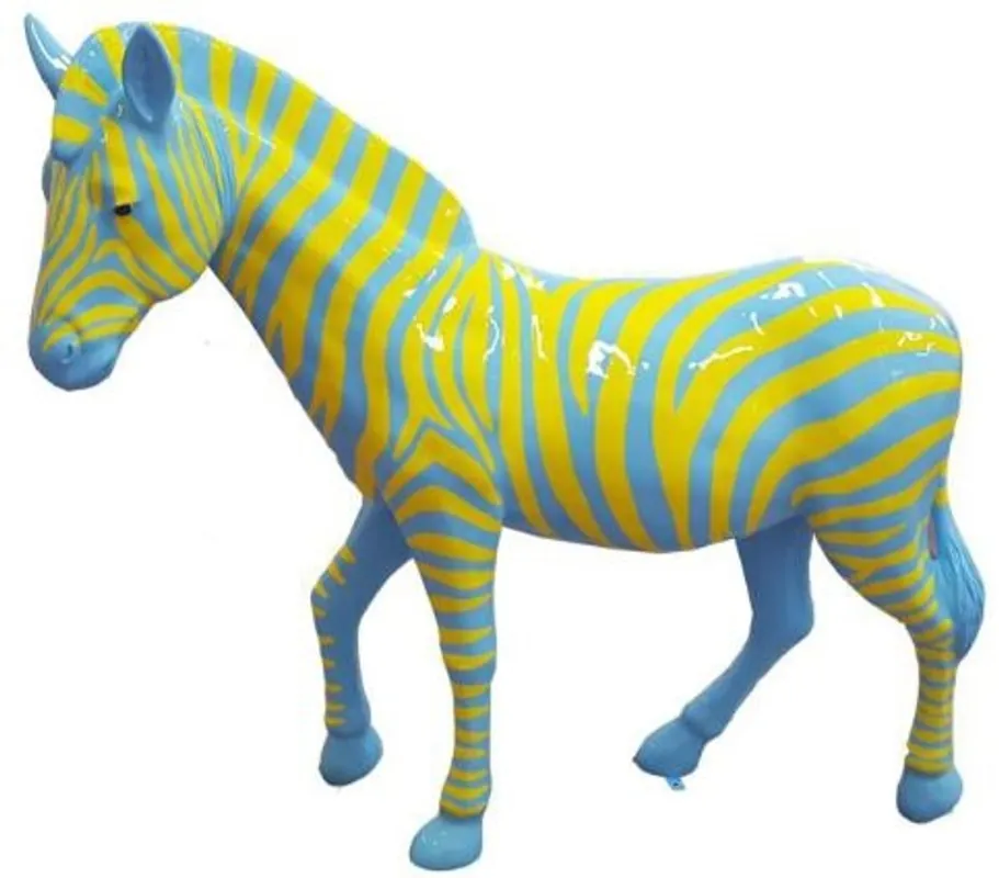 Finale Aktion Casa Padrino décoration design cheval zèbre bleu clair / jaune 191 x H. 167 cm - énorme figurine décoration - figurine animal grandeur nature - Sculpture Décoration Jardin