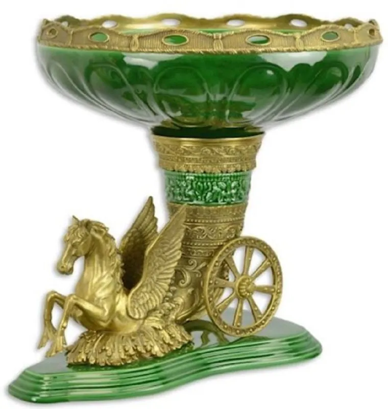 Echt Casa Padrino bol de fleur baroque vert / laiton 49,2 x 41 x H. 40,8 cm - Magnifique bol de plante en porcelaine avec élégant cheval Pégase en bronze - Accessoires de décoration de style baroque