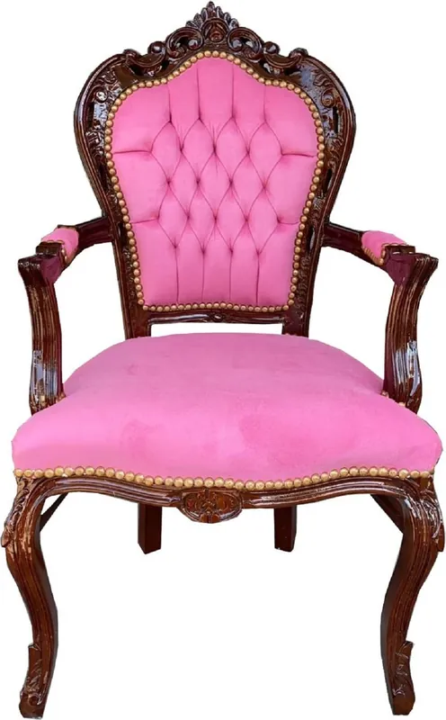 Echt Casa Padrino chaise de salle à manger baroque avec accoudoirs rose / marron 53 x 57 x H. 108 cm - Chaise en bois massif de style ancien fabriquée à la main avec du velours fin - Mobilier Baroque