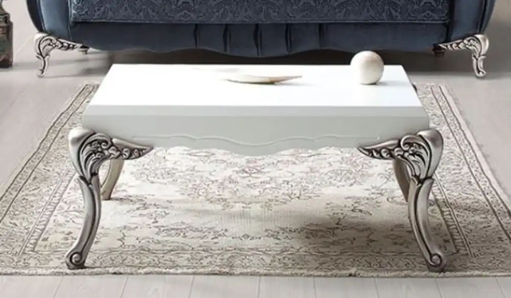 Casa Padrino table basse baroque de luxe blanc / argent 104 x 69 x H. 45 cm - Elégante table de salon en bois massif - Meubles de salon de style baroque Markenware
