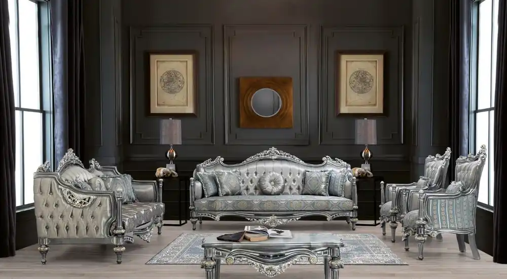 Markenware Casa Padrino ensemble de salon baroque de luxe argent / turquoise / or - 2 Canapés et 2 Fauteuils et 1 Table Basse - Mobilier de salon de style baroque - Noble & Magnifique