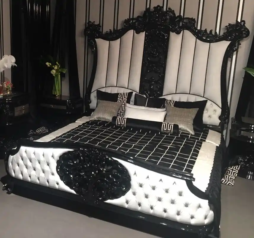 Casa Padrino lit double baroque de luxe noir / blanc - Lit en bois massif noble avec tête de lit - Magnifique mobilier de chambre de style baroque Bestseller