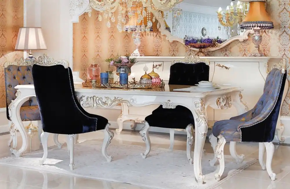 Casa Padrino ensemble de salle à manger baroque de luxe bleu / blanc / or - 1 Table à Manger et 6 Chaises de Salle à Manger - Meubles de salle à manger de style baroque magnifique - Qualité de Luxe Preis Gesenkt