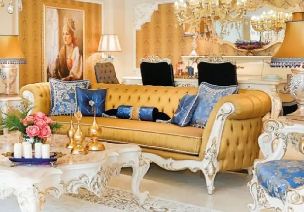 Casa Padrino canapé de salon baroque Chesterfield de luxe or / blanc / or 300 x 110 x H. 80 cm - Canapé de style baroque magnifique - Mobilier de salon baroque noble Direkt Vom Hersteller