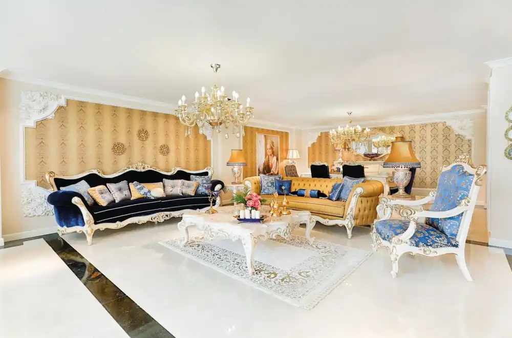Casa Padrino ensemble de salon baroque de luxe bleu / blanc / or - 2 Canapés et 2 Fauteuils et 1 Table Basse & 2 Tables d'Appoint - Mobilier de salon de style baroque - Noble & Magnifique Solange Der Vorrat Reicht