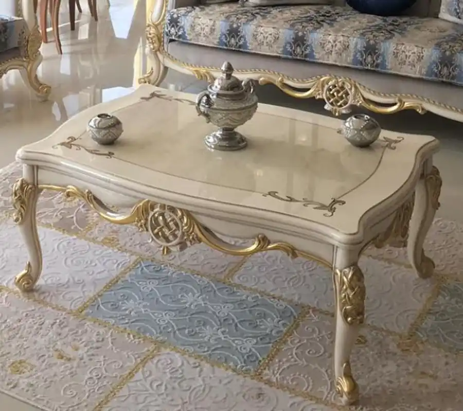 Preiswert Casa Padrino table basse baroque de luxe blanc / or 118 x 87 x H. 50 cm - Table de salon en bois massif - Meubles de Style Baroque