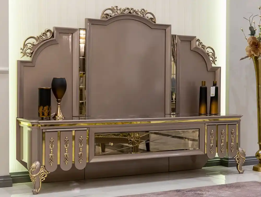 Jetzt Kaufen Casa Padrino Armoire TV Baroque de Luxe Noir / Gris / Or 214 x 52 x H. 164 cm - Armoire en Bois Massif - Armoire de Salon - Noble & Magnifique