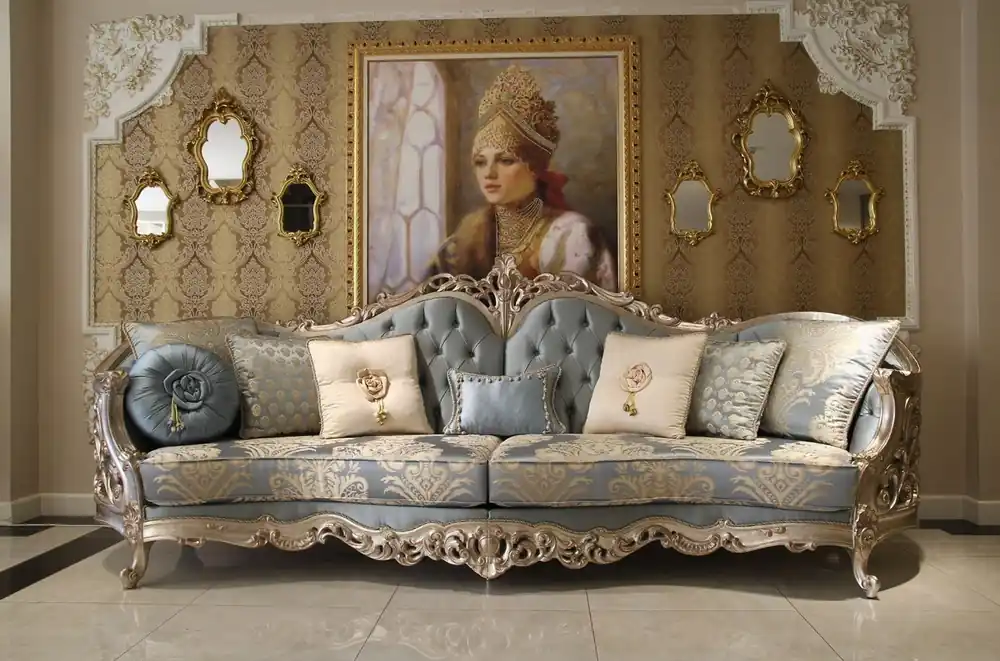 Abverkauf Casa Padrino canapé de salon baroque de luxe bleu clair / beige / argent 295 x 95 x H. 115 cm - Canapé de style baroque magnifique - Mobilier de salon baroque noble
