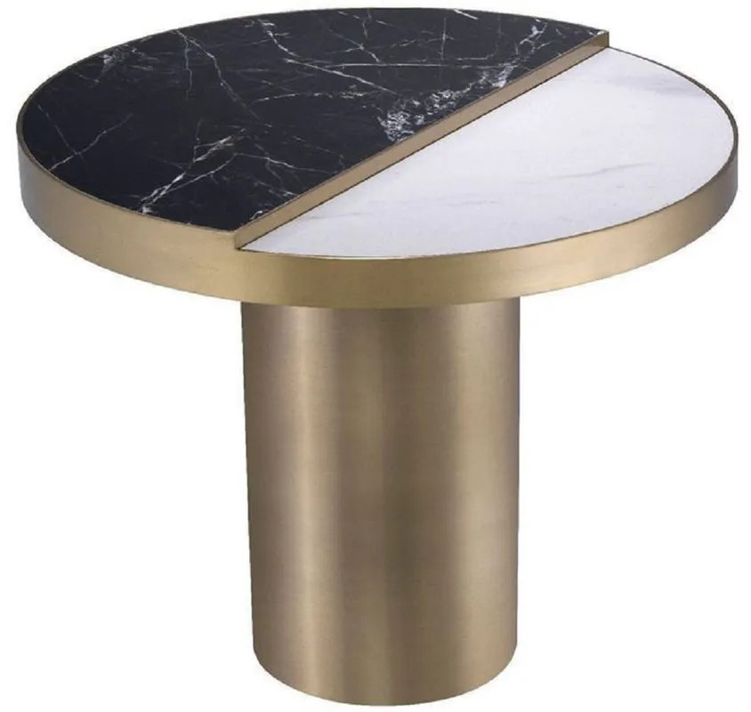 Casa Padrino table d'appoint de luxe noir / blanc / laiton Ø 55 x H. 55,5 cm - Table ronde en acier inoxydable avec 2 assiettes en céramique semi-circulaires - Meubles de salon - Meubles de Luxe Bestseller