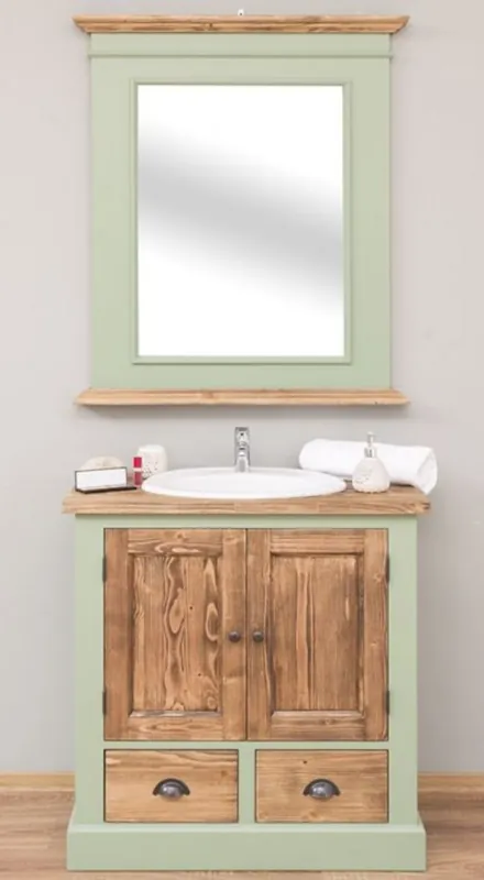 Super-Preis Casa Padrino ensemble de salle de bain de style champêtre vert clair / marron - 1 armoire lavabo et 1 miroir mural - Meubles de Salle de Bain en Bois Massif de Style Champêtre