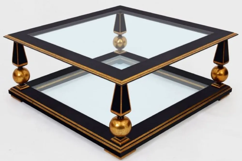 Preisreduziert Casa Padrino table basse baroque de luxe noir / or antique 113 x 113 x H. 47 cm - Magnifique table de salon en bois massif avec assiettes en verre - Mobilier de salon baroque