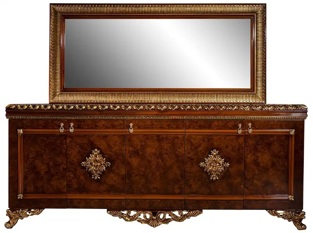 Casa Padrino ensemble de meubles baroques de luxe buffet avec miroir marron / bronze / or - Armoire en bois massif noble avec miroir mural élégant - Meubles de style baroque Top-Seller