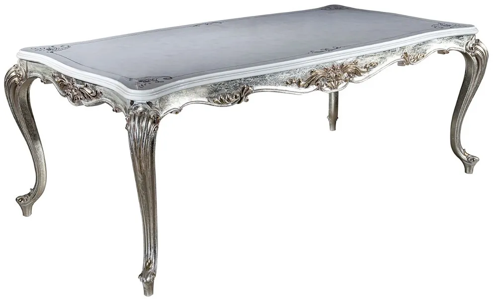 Nur Heute Casa Padrino table de salle à manger baroque de luxe blanc / argent / or 207 x 112 x H. 82 cm - Table de salle à manger en bois massif - Meubles de salle à manger baroques nobles