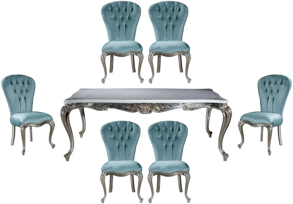 Casa Padrino ensemble de salle à manger baroque de luxe bleu clair / argent - 1 Table à Manger et 6 Chaises de Salle à Manger - Mobilier de salle à manger baroque - Noble & Magnifique Finale Aktion