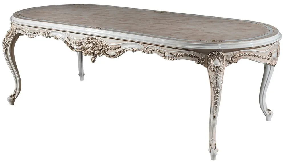 Casa Padrino table de salle à manger baroque de luxe beige / blanc / or 247 x 110 x H. 80 cm - Table de salle à manger ovale en bois massif - Mobilier de salle à manger baroque - Noble & Magnifique Zertifiziert
