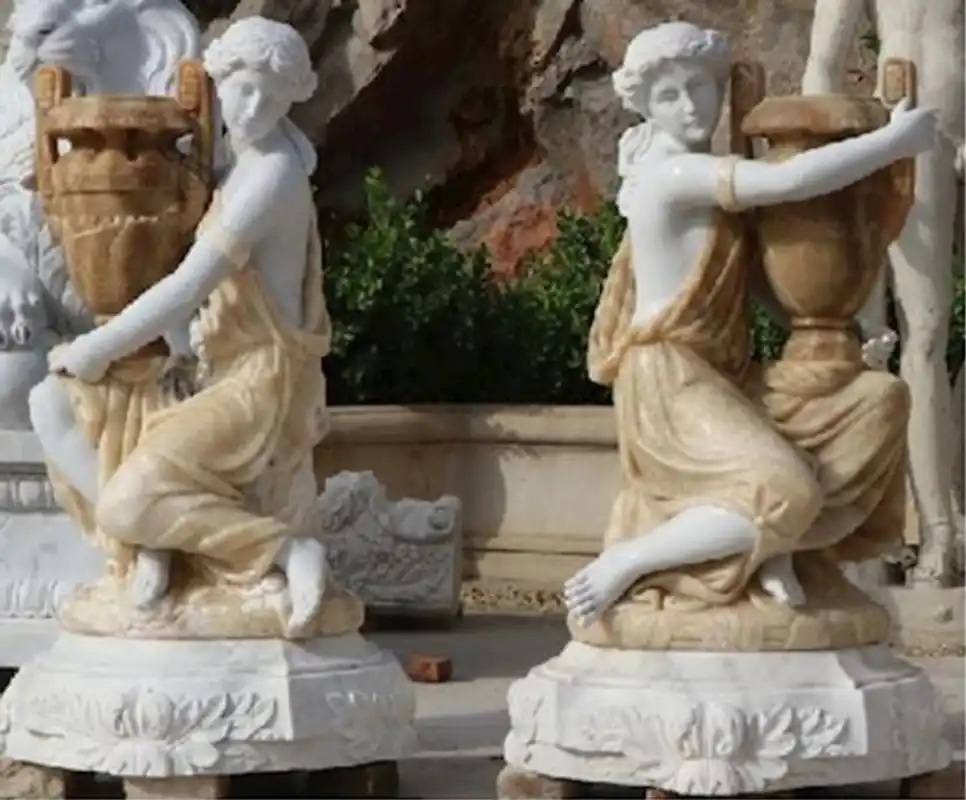 Casa Padrino Ensemble de Sculptures en Marbre Art Nouveau Femmes avec Vases Blanc / Beige 78 x 63 x H. 121 cm - Statues de Décoration de Jardin - Décoration Hôtel et Restaurant de Luxe Ausverkauf