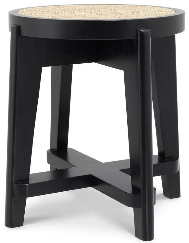 Casa Padrino tabouret de luxe noir / naturel Ø 44,5 x H. 47 cm - Tabouret rond en bois massif avec rotin - Meubles de salon Saisonangebot