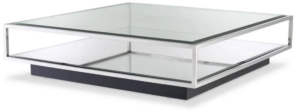 Kracherpreis Casa Padrino table basse de luxe argent / noir 120 x 120 x H. 30 cm - Table de salon carrée en acier inoxydable avec verre miroir et plateau en verre - Meubles de salon - Qualité de Luxe