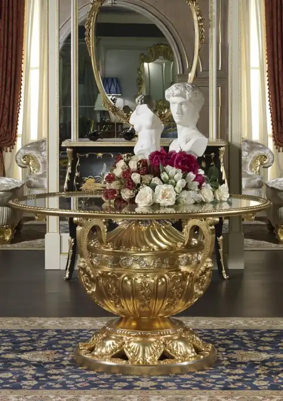 Neuheit Casa Padrino table à manger baroque de luxe or / argent Ø 120 x H. 78 cm - Table de salle à manger sculptée à la main avec plateau en verre - Mobilier de château d'hôtel restaurant - Qualité de Luxe
