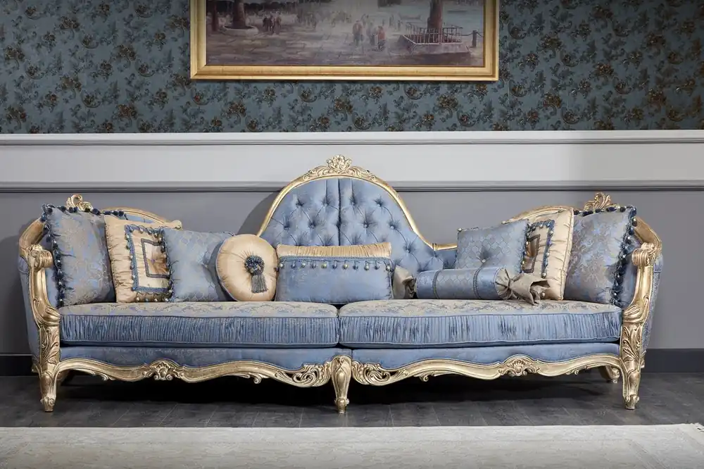 Casa Padrino Canapé Baroque de Luxe Chesterfield Bleu Clair / Or Antique 300 x 90 x H. 119 cm - Somptueux Canapé de Salon Baroque - Mobilier Baroque Jetzt Kaufen